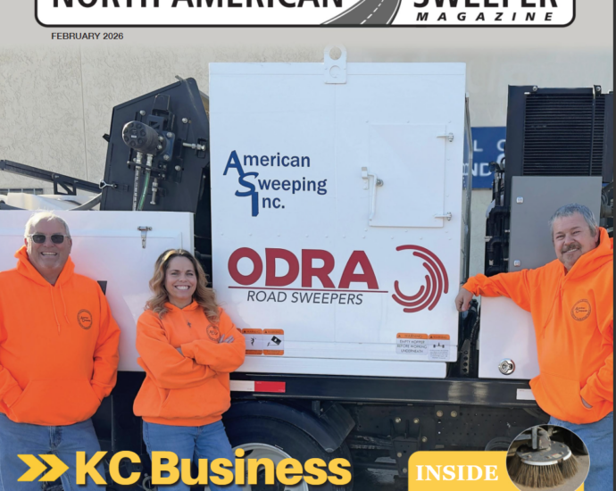 Gale Holsman, Shannon lock and Robert of American Sweeping on front cover of North American Sweeper Magazine