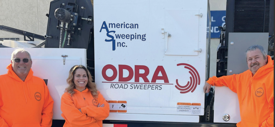 Gale Holsman, Shannon lock and Robert of American Sweeping on front cover of North American Sweeper Magazine